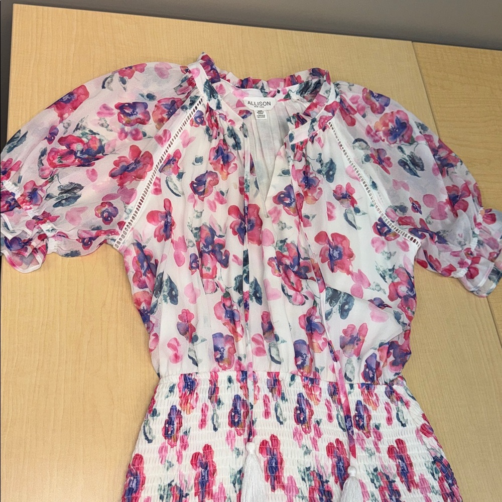 White Floral Dress with Pink and Purple Accents By Allison NY Size medium - Picture 3 of 16